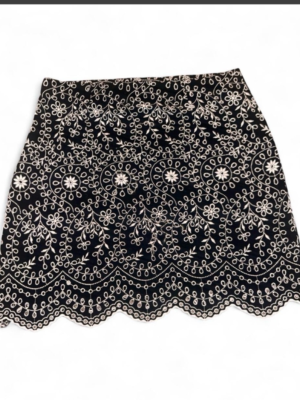 LOFT Black Mini Skirt with Cream Eyelet Embroidery